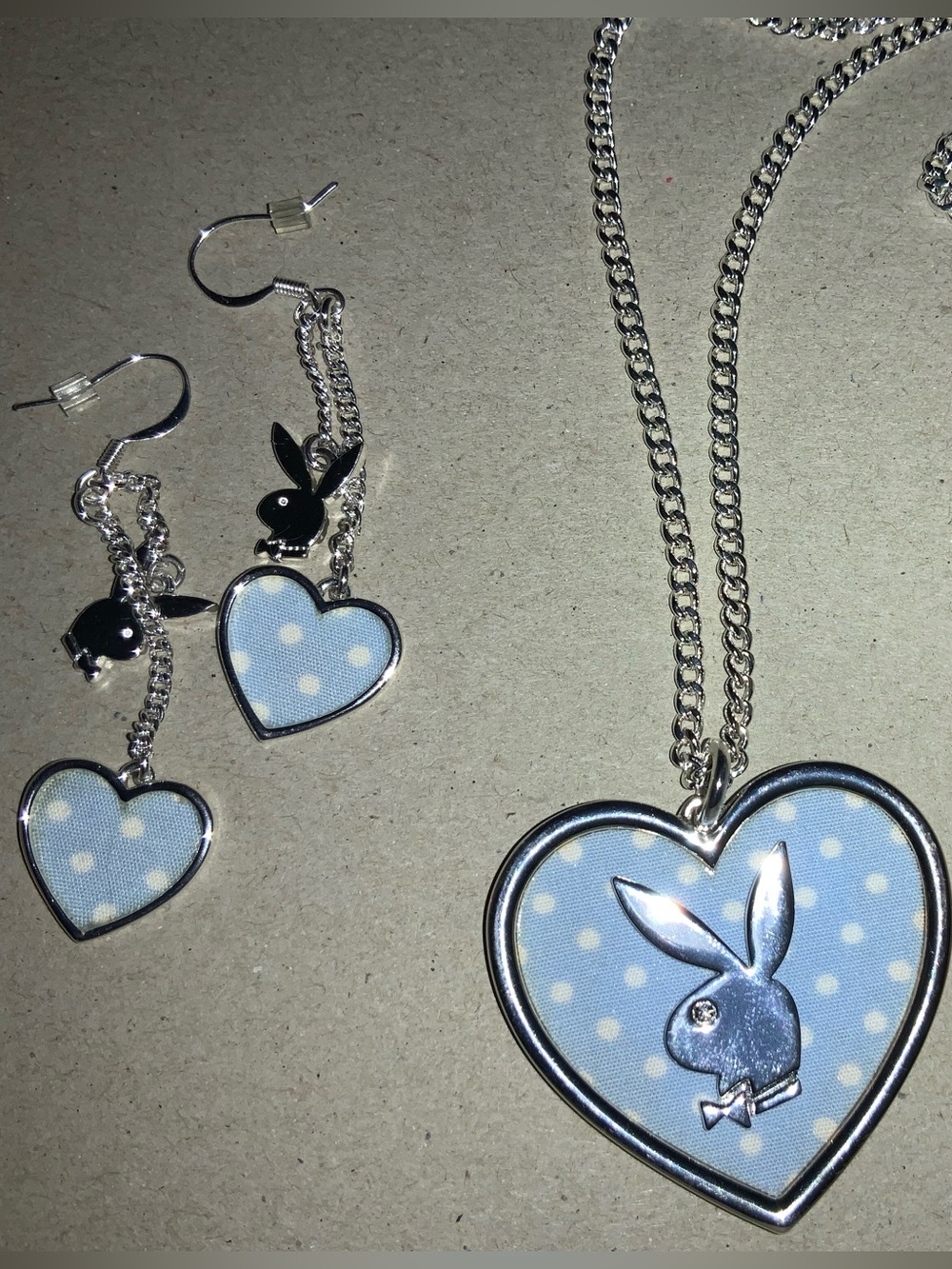 Vintage playboy blue polka dot necklace earring set new
